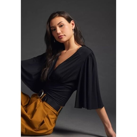 Anthropologie Tops - NEW Anthropologie Flutter-Sleeve Draped V-Neck Blouse Top Black Large Faux Wrap